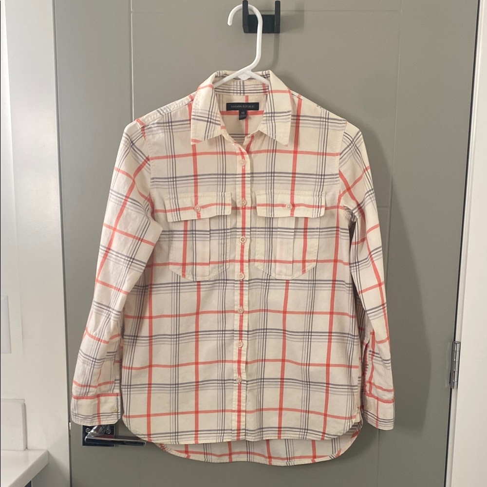 Plaid Button-Up Shirt in Cream and Red